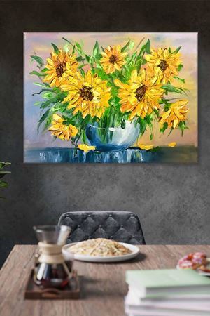 Mavi Vazonun İçinde Sarı Papatyalar Art Kanvas Tablo 2221899