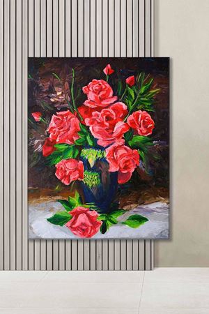Mavi Vazoda Kırmızı Güller Yağlı Boya Efektli Art Kanvas Tablo 2221991