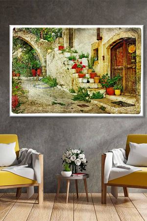 Merdivendeki Saksı Çiçekleri Art Kanvas Tablo 2221926