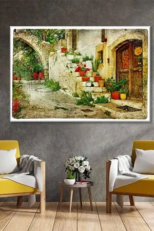 Merdivendeki Saksı Çiçekleri Art Kanvas Tablo 2221926