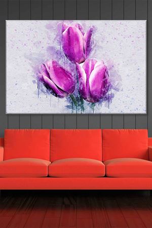 Beyaz Zemin Üzerinde Mor Laleler Art Kanvas Tablo 2222003