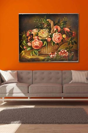 Hasır Sepette Pembe Çiçekler Art Kanvas Tablo 2221973