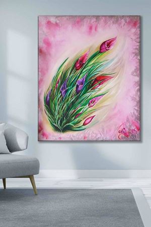 Mor Kırmızı Laleler Yağlı Boya Efektli Art Kanvas Tablo 2222012