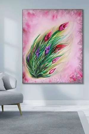 Mor Kırmızı Laleler Yağlı Boya Efektli Art Kanvas Tablo 2222012