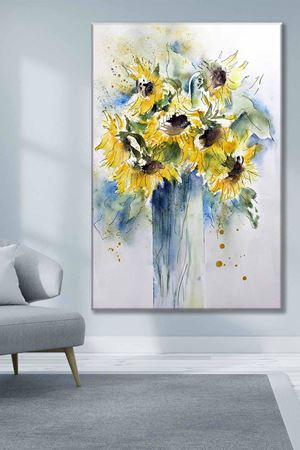 Sarı Günebakalanlar Sulu Boya Efektli Art Kanvas Tablo 2221954