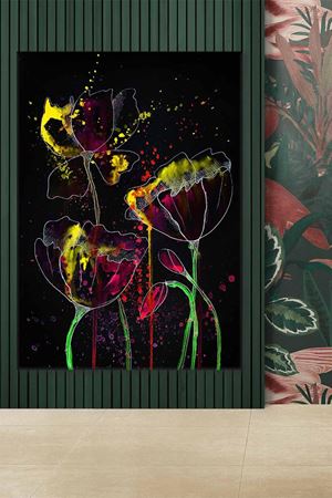 Siyah Üzerinde Laleler Sulu Boya Efektli Art Kanvas Tablo 2221977