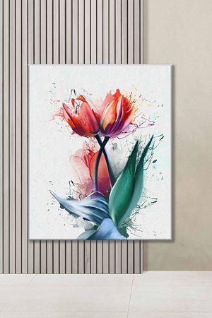 Yeşil Mavi Yapraklı Laleler Yağlı Boya Efektli Art Kanvas Tablo 2221848