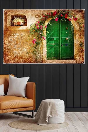 Yeşil Ahşap Kapıyı Saran Çiçekler Art Kanvas Tablo 2221866
