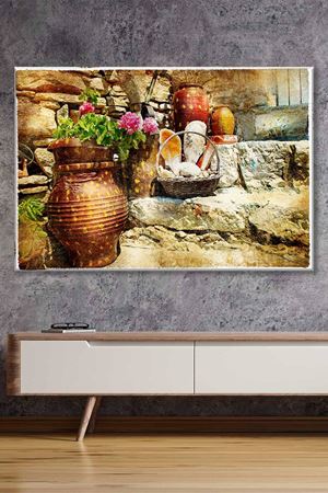 Taş Merdivende Duran Kahverengi Vazonun İçindeki Çiçekler Art Kanvas Tablo 2221850