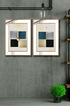 Soyut Ayna Çerçeve Sim Işleme Camlı Gold Set Tablo