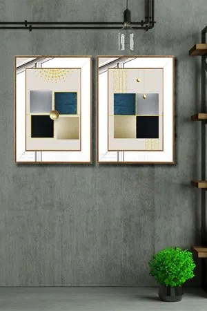 Soyut Ayna Çerçeve Sim Işleme Camlı Gold Set Tablo