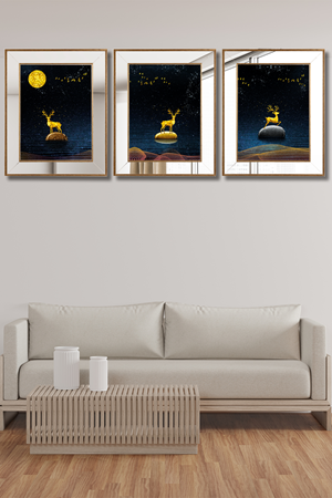 Geyik Ayna Çerçeve Sim İşleme Camlı Gold Set Tablo 665876