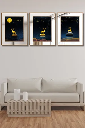 Geyik Ayna Çerçeve Sim İşleme Camlı Gold Set Tablo 665876