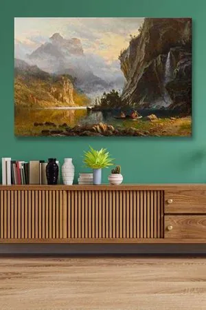 Albert Bierstadt - Indians Spear Fishing  - 106272 -  Dekoratif Duvar Kanvas Tablo