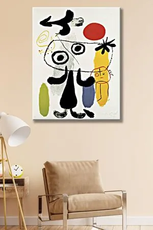 Joan Miro - Figur Gegen Rote Sonne  - 106251 -  Dekoratif Duvar Kanvas Tablo