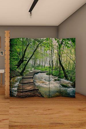 Doğal Ahşap Yeşil Nehir Orman Manzara 5 Kanat Paravan Seperatör Oda Bölme