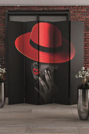 Kırmızı Şapkalı Kadın Baskılı, 5 Kanat Ahşap Paravan Oda Bölme