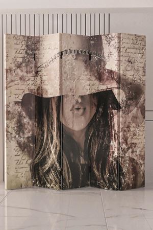 Şapkalı Kadın Baskılı Ahşap Paravan | 5 Kanat Katlanabilir Oda Bölme