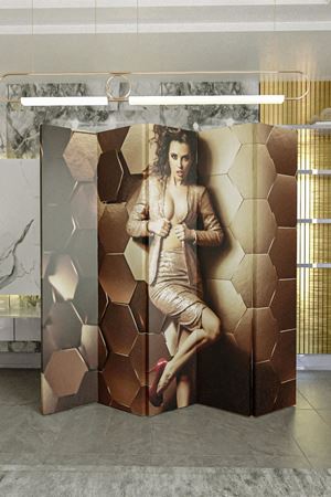 Doğal Ahşap Gold Kadın 5 Kanat Paravan Seperatör Oda Bölme