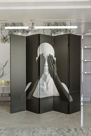 Doğal Ahşap Gözleri Kapalı Kadın 5 Kanat Paravan Seperatör Oda Bölme