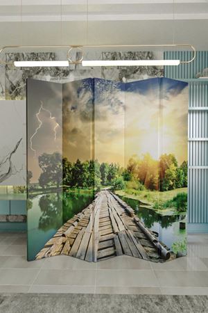 Doğal Ahşap Tren Yolu Orman Manzara 5 Kanat Paravan Seperatör Oda Bölme