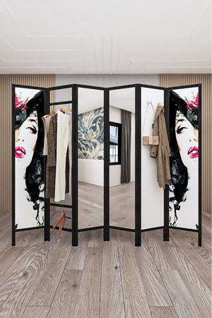 Doğal Ahşap Siyah Baskılı Ayna Askılık 6 Kanat Paravan