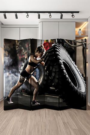 Doğal Ahşap Spor Yapan Kadın 6 Kanat Paravan Seperatör Oda Bölme