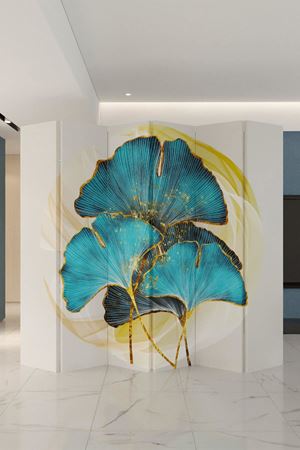 Doğal Ahşap Turkuaz Çiçek 6 Kanat Paravan Seperatör Oda Bölme