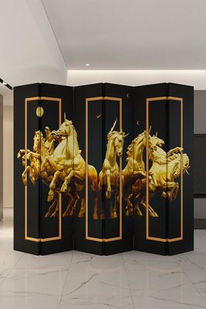 Doğal Ahşap Gold At Heykel 6 Kanat Paravan Seperatör Oda Bölme