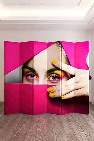 Doğal Ahşap Kadın Figür Baskılı 6 Kanat Paravan Seperatör Oda Bölme