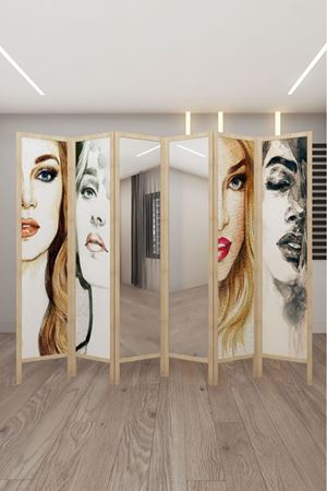 Doğal Ahşap Baskılı Ayna 6 Kanat Paravan