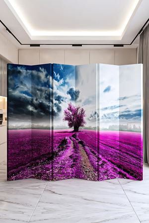 Doğal Ahşap Mor Ağaç Manzara 6 Kanat Paravan Seperatör Oda Bölme