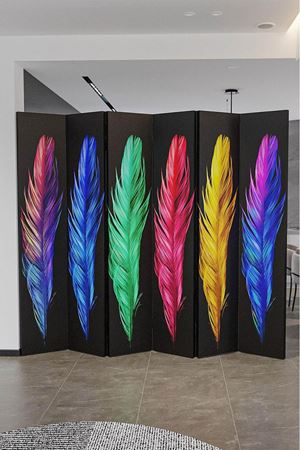 Doğal Ahşap Renkli Tüyler 6 Kanat Paravan Seperatör Oda Bölme