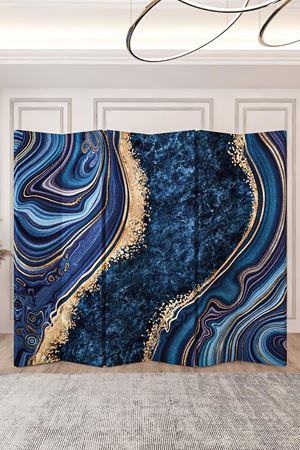 Doğal Ahşap Soyut Lacivert 6 Kanat Paravan Seperatör Oda Bölme