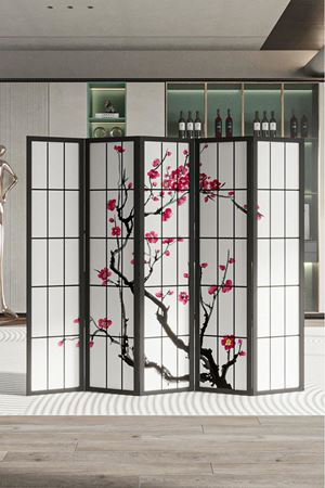 Sakura Japon Stil Paravan | Baskılı Doğal Ahşap Paravan