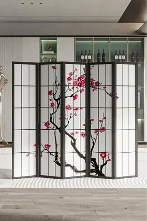 Sakura Japon Stil Paravan | Baskılı Doğal Ahşap Paravan
