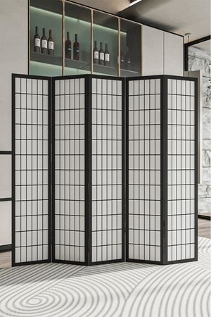 Siyah Doğal Ahşap Japon Stil Çizgisel Izgara Baskı Paravan Seperatör Oda Bölme