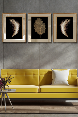 Tüy Yaprak Ayna Çerçeve Sim İşleme Camlı Altın Set Tablo 56999