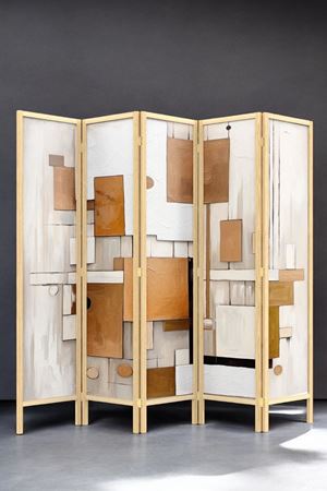 Doğal Ahşap Soyut Baskılı 5 Kanat Paravan Seperatör Oda Bölme