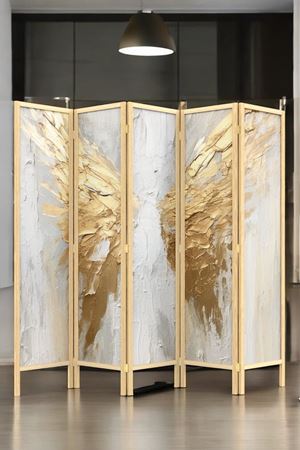 Doğal Ahşap Melek Kanat Baskılı 5 Kanat Paravan Seperatör Oda Bölme