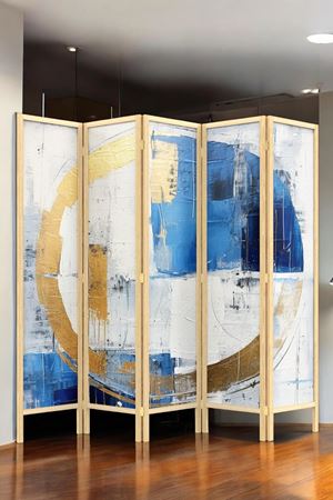 Doğal Ahşap Soyut Baskılı 5 Kanat Paravan Seperatör Oda Bölme