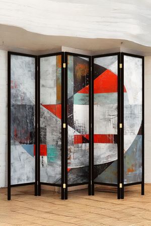 Doğal Ahşap Soyut Kırmızı Çizgisel Baskılı 5 Kanat Paravan Seperatör Oda Bölme