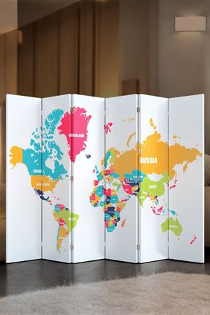 Doğal Ahşap Dünya Haritası 6 Kanat Paravan Seperatör Oda Bölme