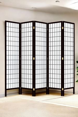 Siyah Doğal Ahşap Ayaklı Japon Stil Çizgisel Izgara Baskı Paravan Seperatör Oda Bölme