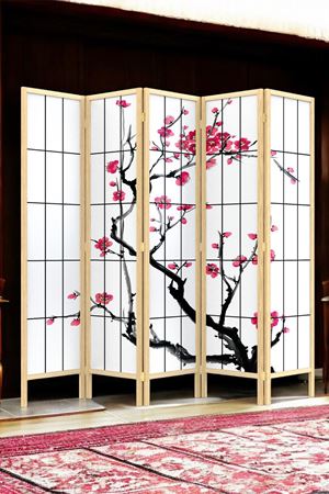 Bej Doğal Ahşap Ayaklı Japon Stil Sakura Ağacı Baskılı Paravan Seperatör Oda Bölme