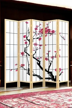 Bej Doğal Ahşap Ayaklı Japon Stil Sakura Ağacı Baskılı Paravan Seperatör Oda Bölme