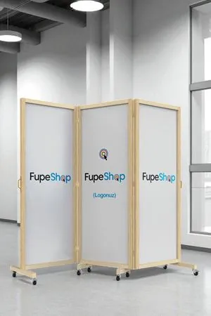 Kurumsal Logo Baskılı Tekerlekli Doğal Ahşap Paravan Seperatör Oda Bölme