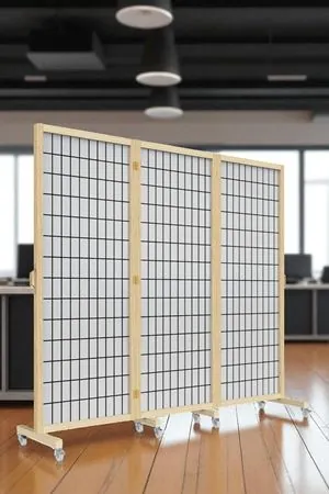 Bej Japon Stil Tekerlekli Çizgisel Baskılı Ahşap Paravan Seperatör Oda Bölme