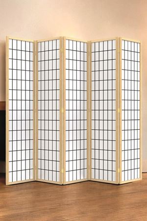 Bej Doğal Ahşap Japon Stil Çizgisel Izgara Basklı Paravan Seperatör Oda Bölme