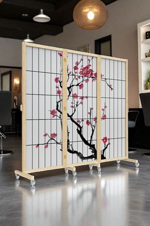 Bej Japon Sakura Ağacı Tekerlekli Ahşap Paravan Seperatör Oda Bölme